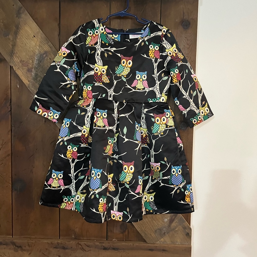 Black Owl Pleated Dress